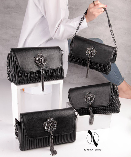 کیف مجلسی زنانه چرم دستی دخترانه دوشی نگین دار شیک مشکی لاکچری برند اونیکس onyx شب وارداتی